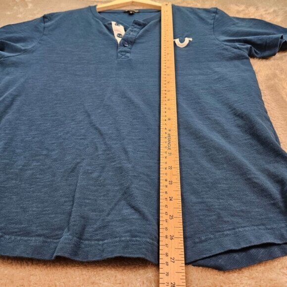 True Religion Shirt Henley Collar Embroidered Logo Short Sleeve Blue T-Shirt - Picture 4 of 10